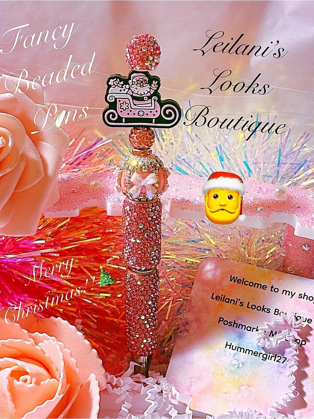 Fancy beaded Pen/gifts/pink Santa/pink beads/Christmas time/